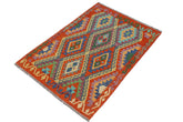 Flat Weave Kilim Antique Navaho Vintage handmade Geometric Kilim Rust Blue Hand-Woven Rectangle 100% Wool Area Rug 3x5